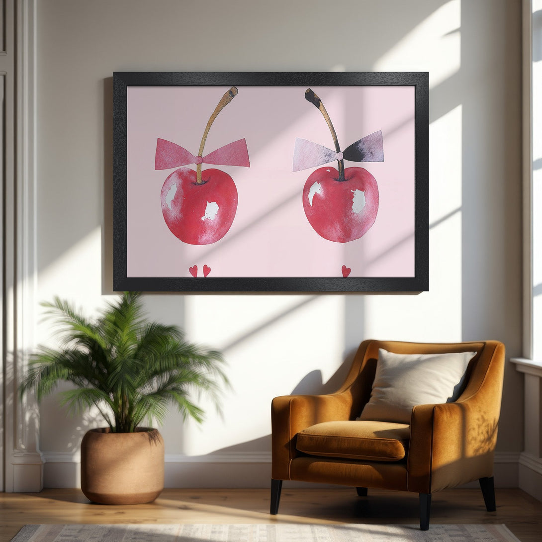 Framed Poster featuring watercolor cherries with bows, blush pink background, and red accents. Perfect wall art for your home!