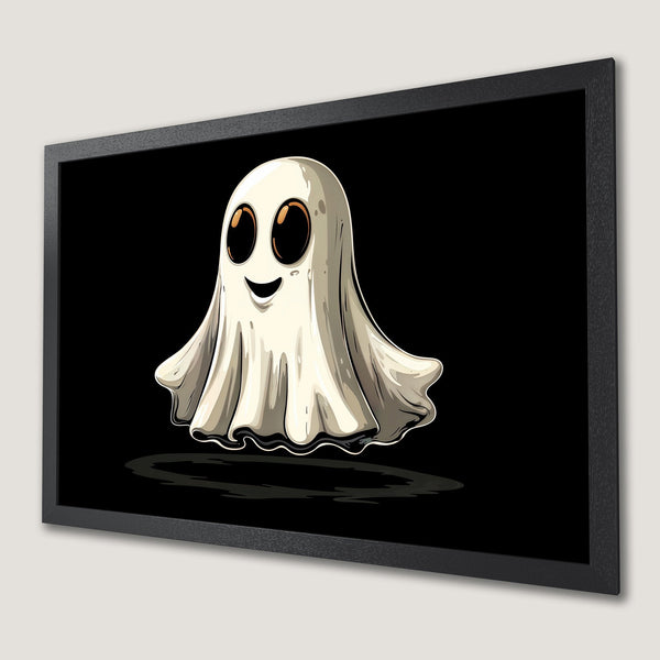 Framed Poster featuring a cute cartoon ghost on a black background. Perfect Halloween decor in a neutral color palette.