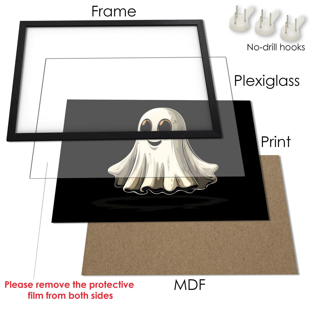 Framed Poster featuring a cute ghost illustration, black & white design. Perfect spooky decor!