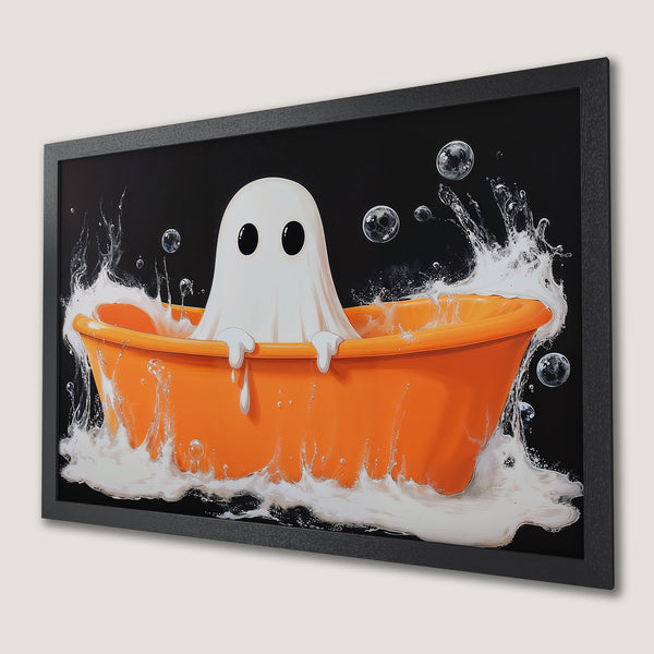 Framed Poster featuring a cute ghost in a bathtub, vibrant orange and black color palette, whimsical art style. Perfect Halloween decor!