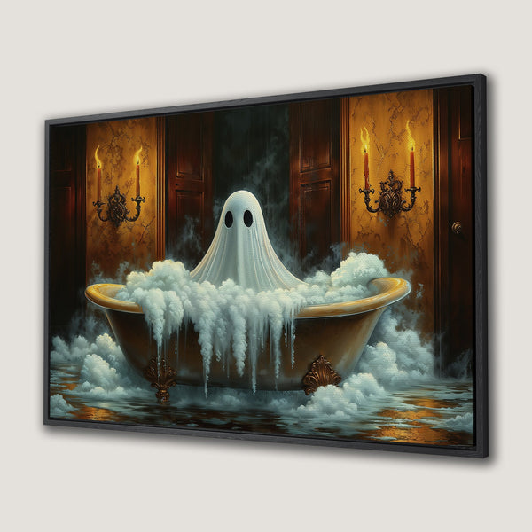 Framed Wall Art: Spooky ghost in a bathtub. Gothic style with warm gold, brown, and white tones. Perfect for Halloween decor!