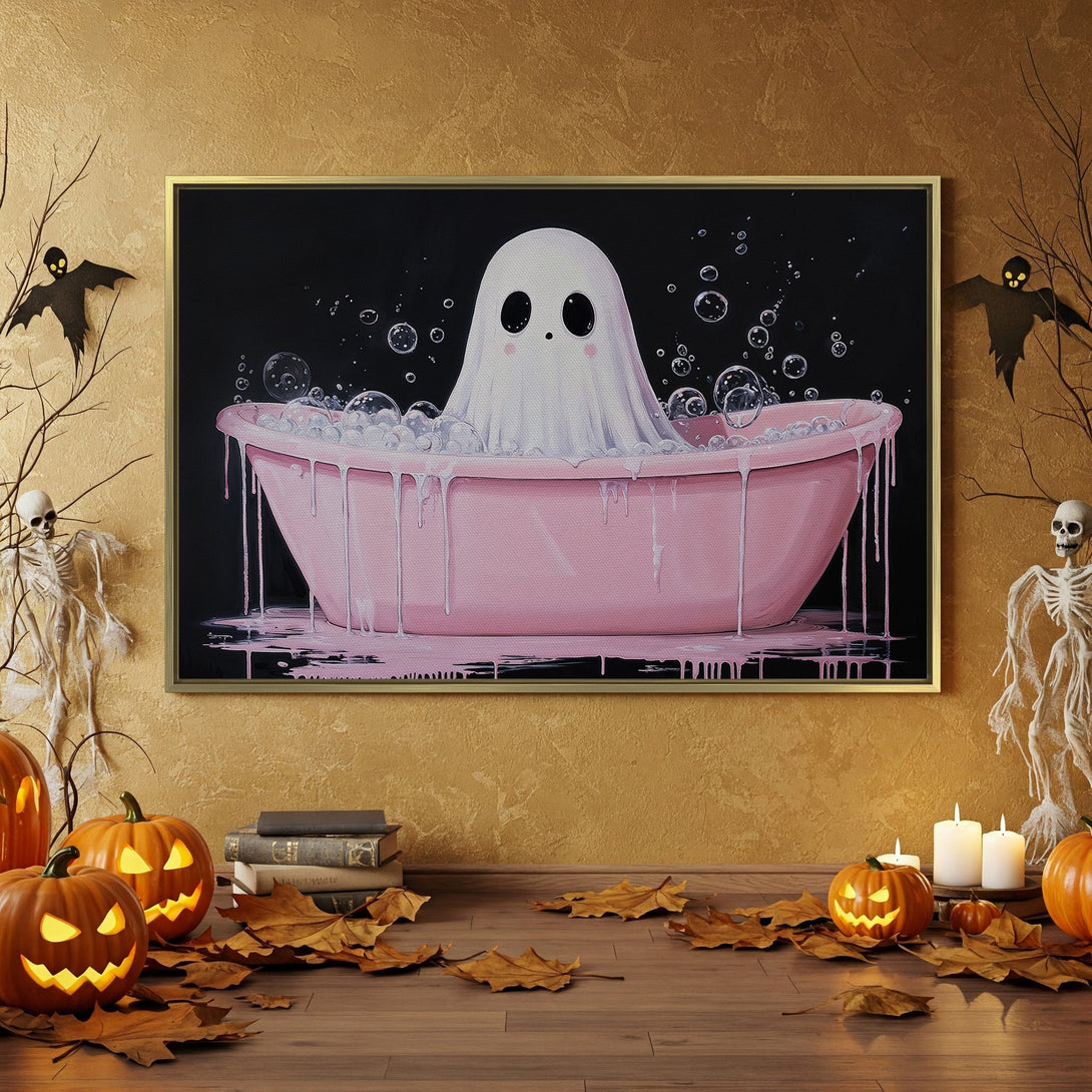 Canvas Print featuring a cute ghost in a pink bathtub, perfect for Halloween decor. Whimsical style, black, orange, and pink color palette.