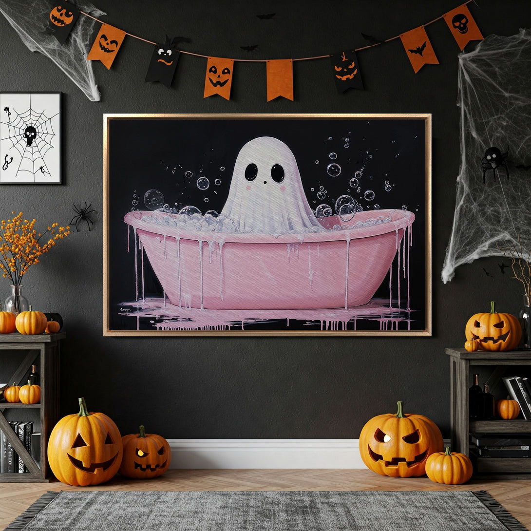Framed Wall Art: Cute ghost in a pink bathtub. Whimsical illustration in a Halloween-themed interior. Black, orange, and pink color palette. Perfect for spooky decor.