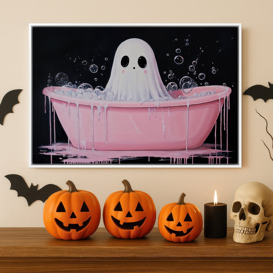 Framed Wall Art: Adorable ghost in a pink bathtub. Whimsical Halloween decor with a black, pink, and white color palette. Perfect for spooky season!