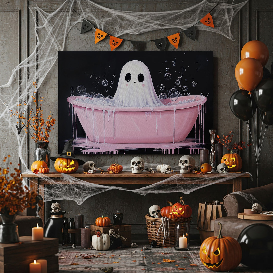 Framed Wall Art: Adorable ghost in a pink bathtub. Whimsical illustration with a black, pink, and white color palette. Perfect Halloween decor!