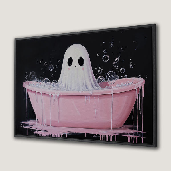 Framed Wall Art: Cute ghost in a pink bathtub. Whimsical art with a black, pink, and white color palette. Perfect for adding a touch of fun to any space!
