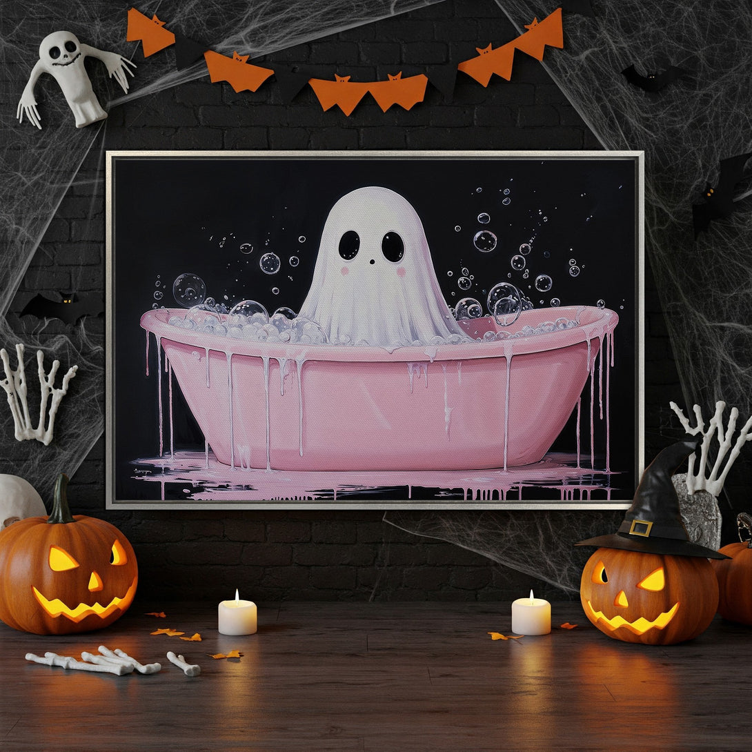 Framed Wall Art: Cute ghost in a pink bathtub. Whimsical Halloween decor with a black, pink, and orange color palette. Perfect for spooky season!
