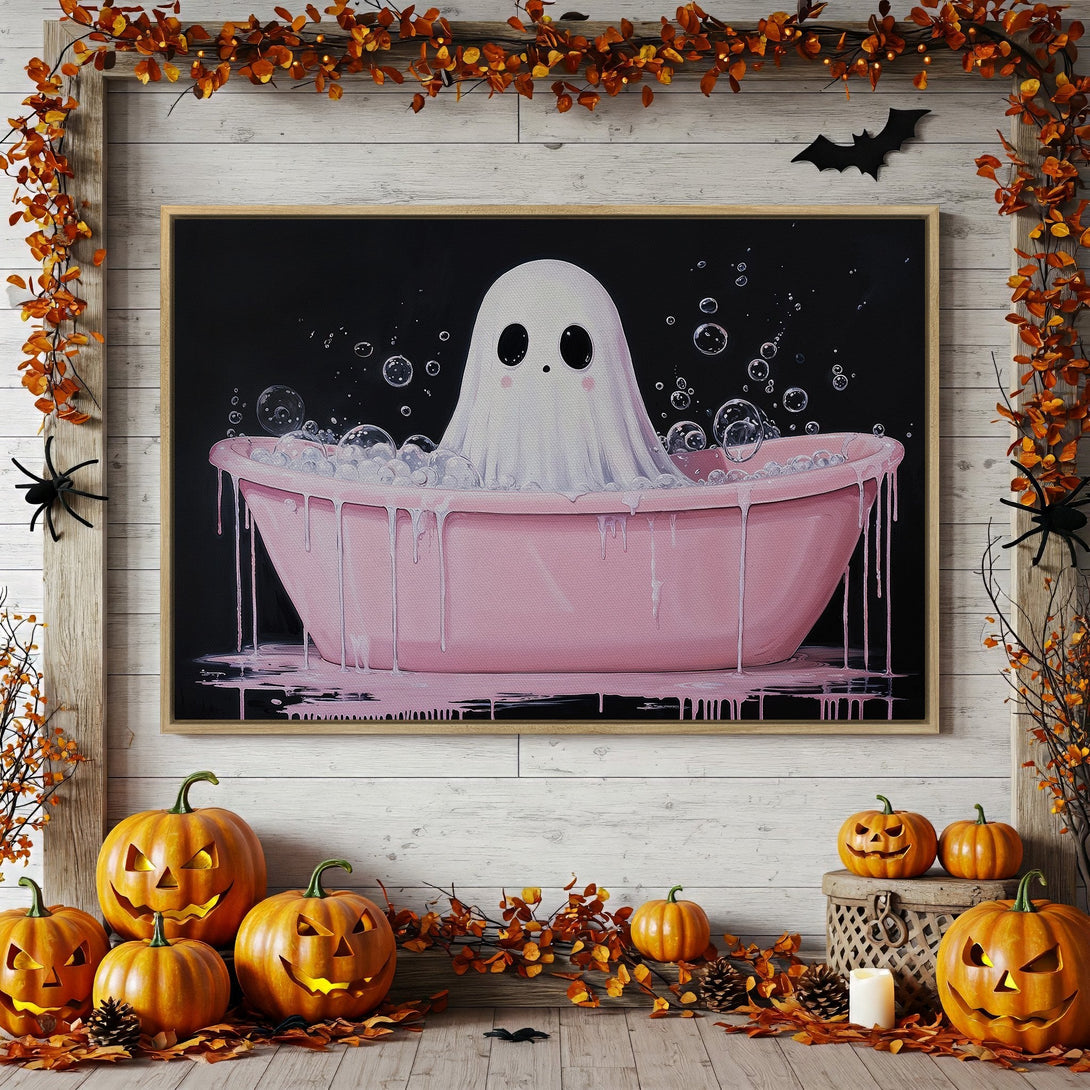 Framed Wall Art: Adorable ghost in a pink bathtub, Halloween decor. Whimsical art with a black, pink, and white color palette. Perfect for spooky season!