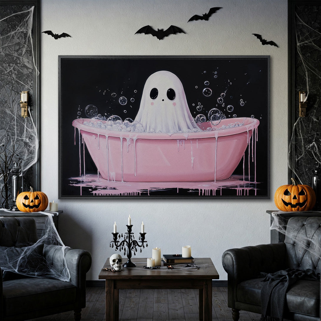 Framed Wall Art: Adorable ghost in a pink bathtub. Whimsical Halloween decor with a black and pink color palette. Perfect for spooky season!