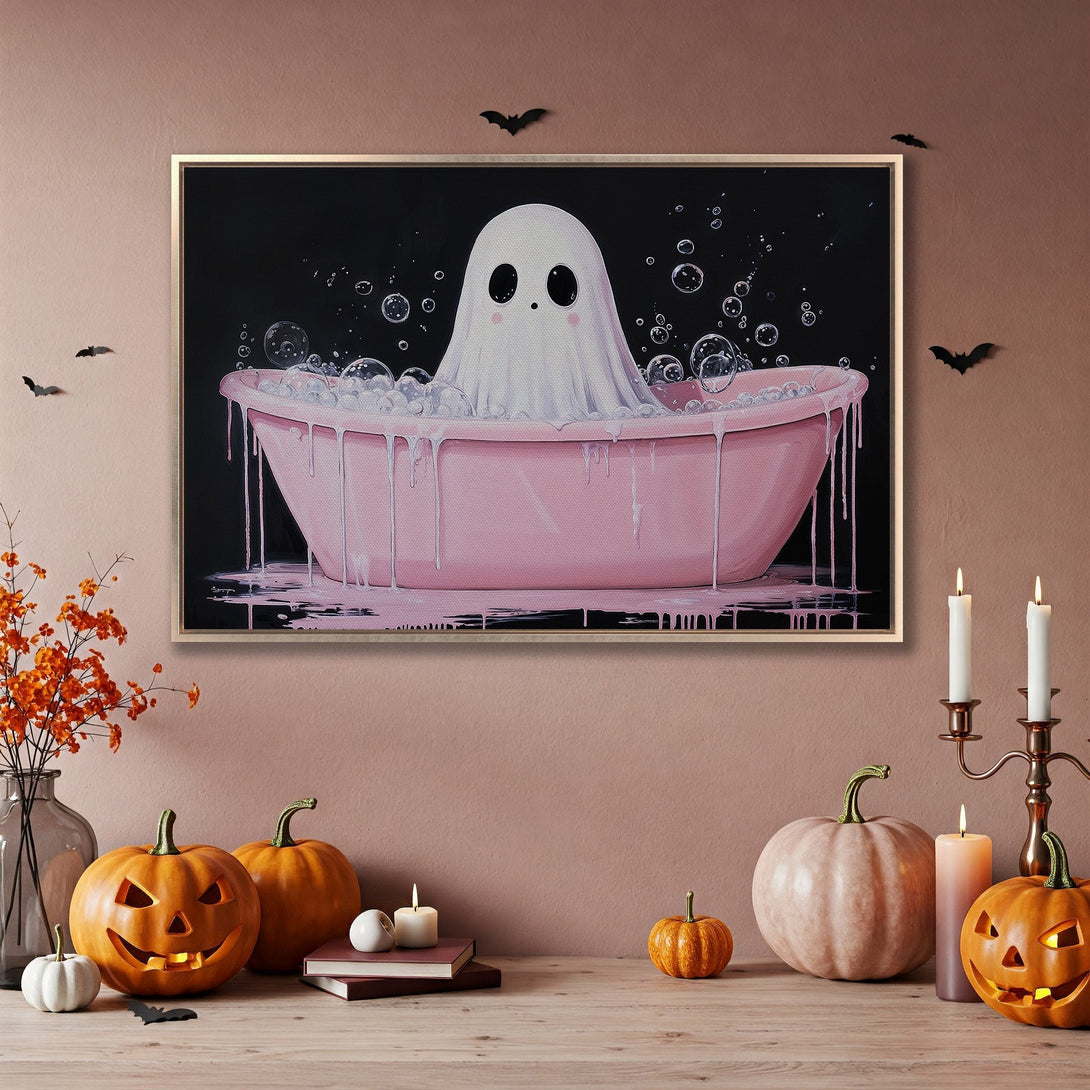 Framed Wall Art: Adorable ghost in a pink bathtub. Whimsical Halloween decor with a black, pink, and white color palette. Perfect for spooky season!
