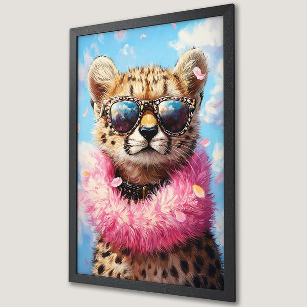Framed Poster of a stylish cheetah wearing sunglasses and a pink boa, painted in a vibrant, playful style with a blue, pink, and brown color palette.