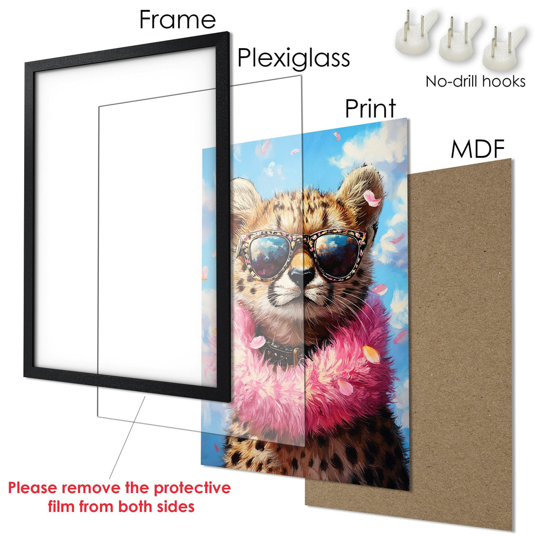 Framed Poster featuring a cool cheetah in sunglasses with a pink scarf, vibrant colors and a playful style. Perfect wall art!