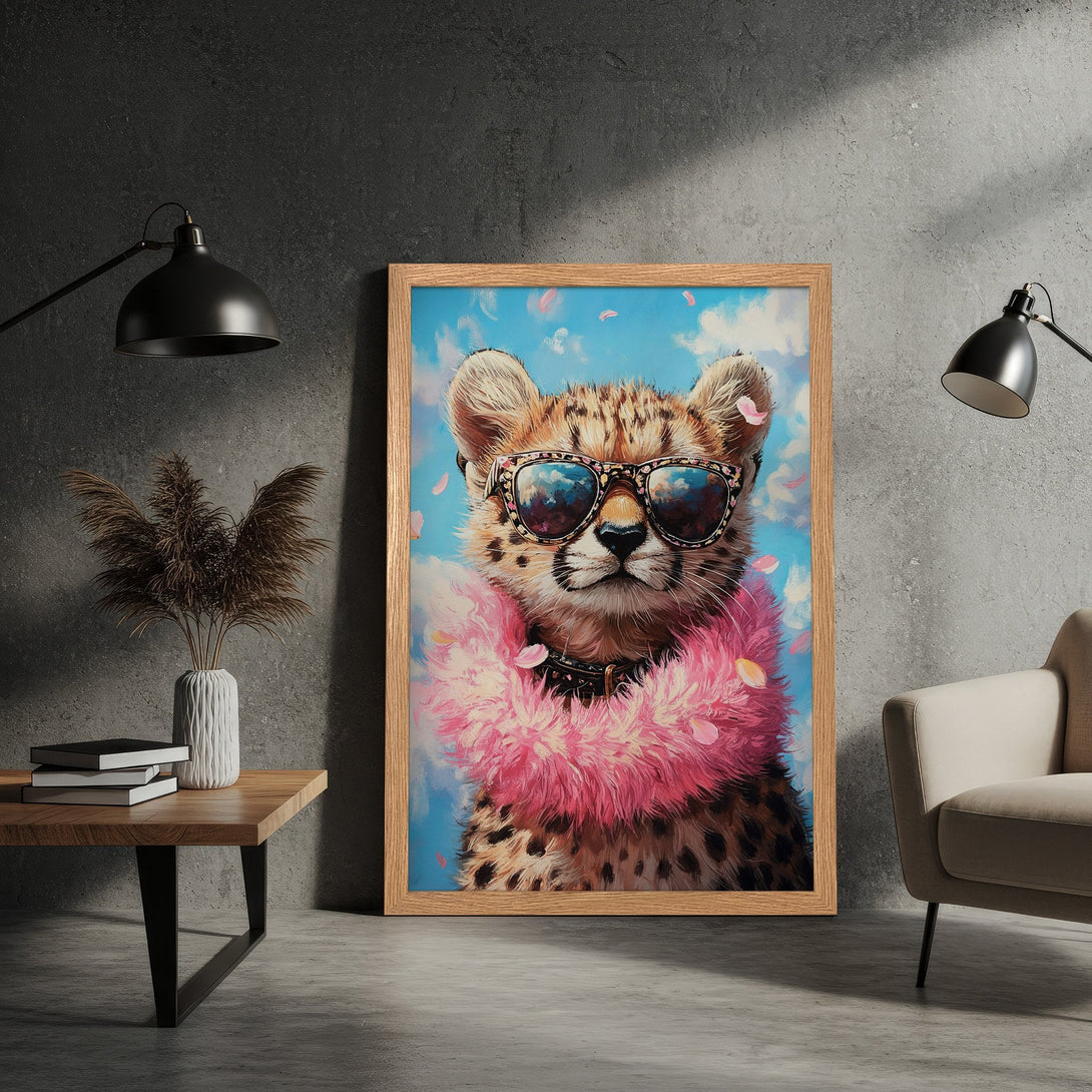 Framed Poster of a cheetah wearing sunglasses and a pink boa, vibrant colors, and artistic style. Perfect wall art!