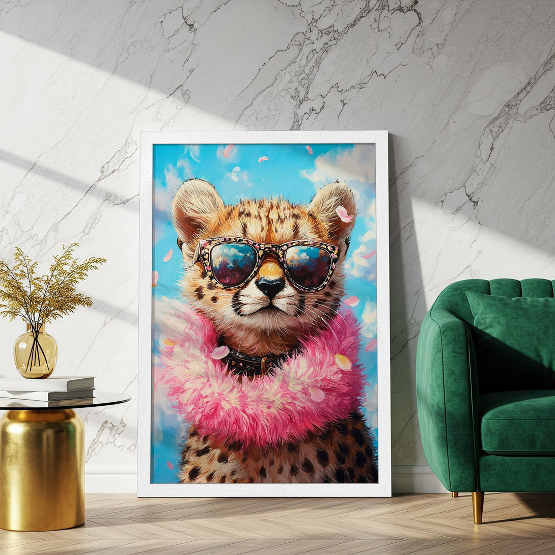 Framed Poster featuring a stylish cheetah with sunglasses, vibrant pink and blue color palette, perfect wall art.