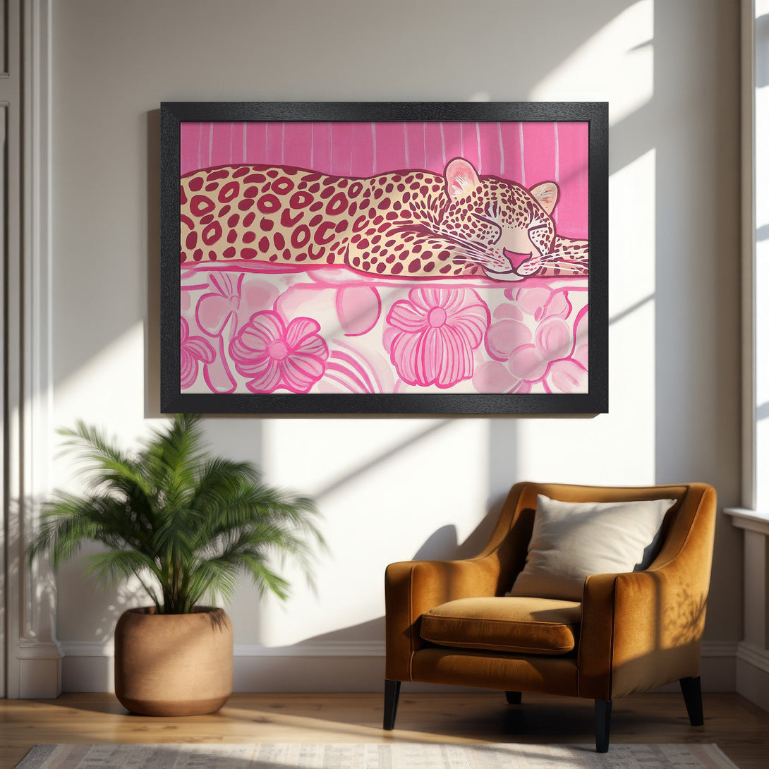 Framed Poster featuring a leopard in a stylish, pink and beige color palette. Perfect wall art for a chic home!