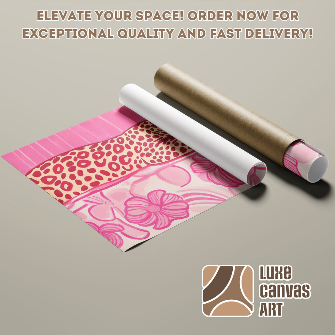 Pink floral Poster Roll, modern art style, vibrant pink and beige palette. Elevate your space!