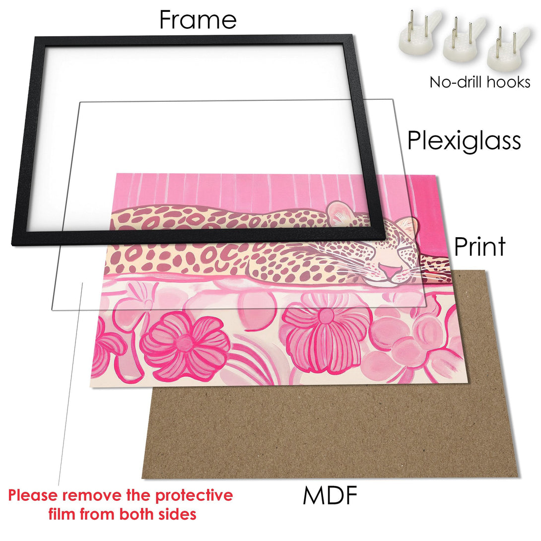 Framed Poster featuring a pink floral and leopard print design. Stylish art with a vibrant pink color palette. Perfect wall decor!