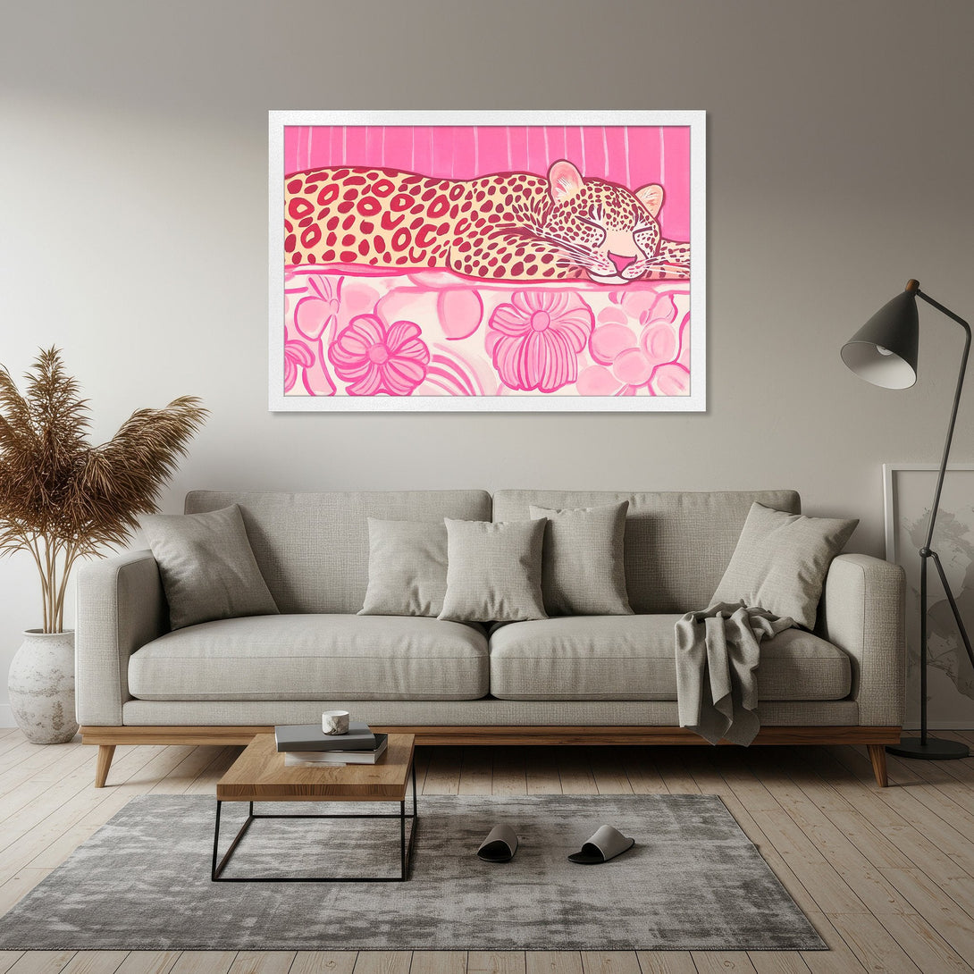 Framed Poster featuring a pink leopard illustration. Pop art style with a vibrant pink color palette. Perfect wall art for your home decor.