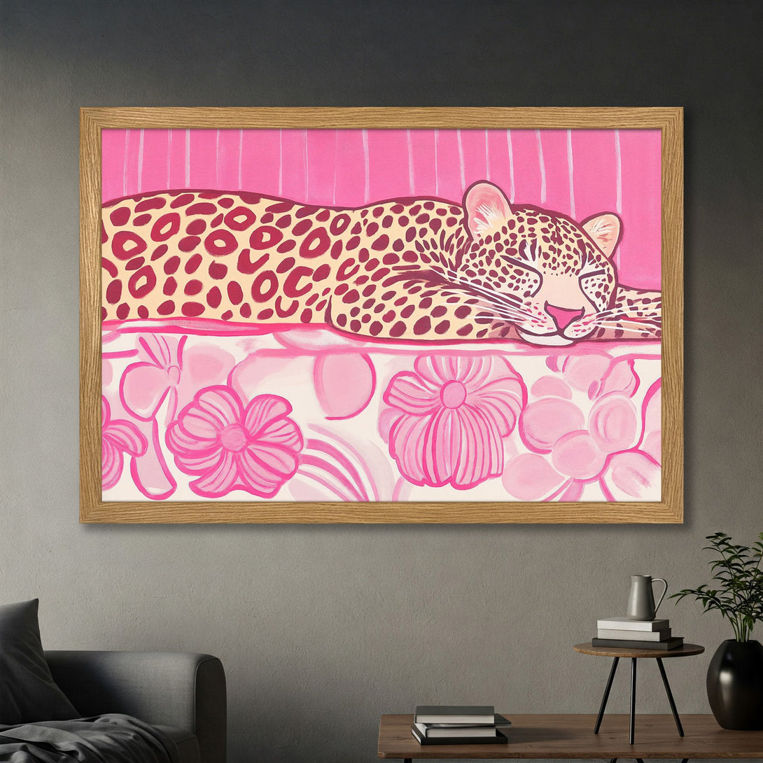 Framed Poster featuring a whimsical leopard in pink and cream tones. Stylish art print for your home decor.