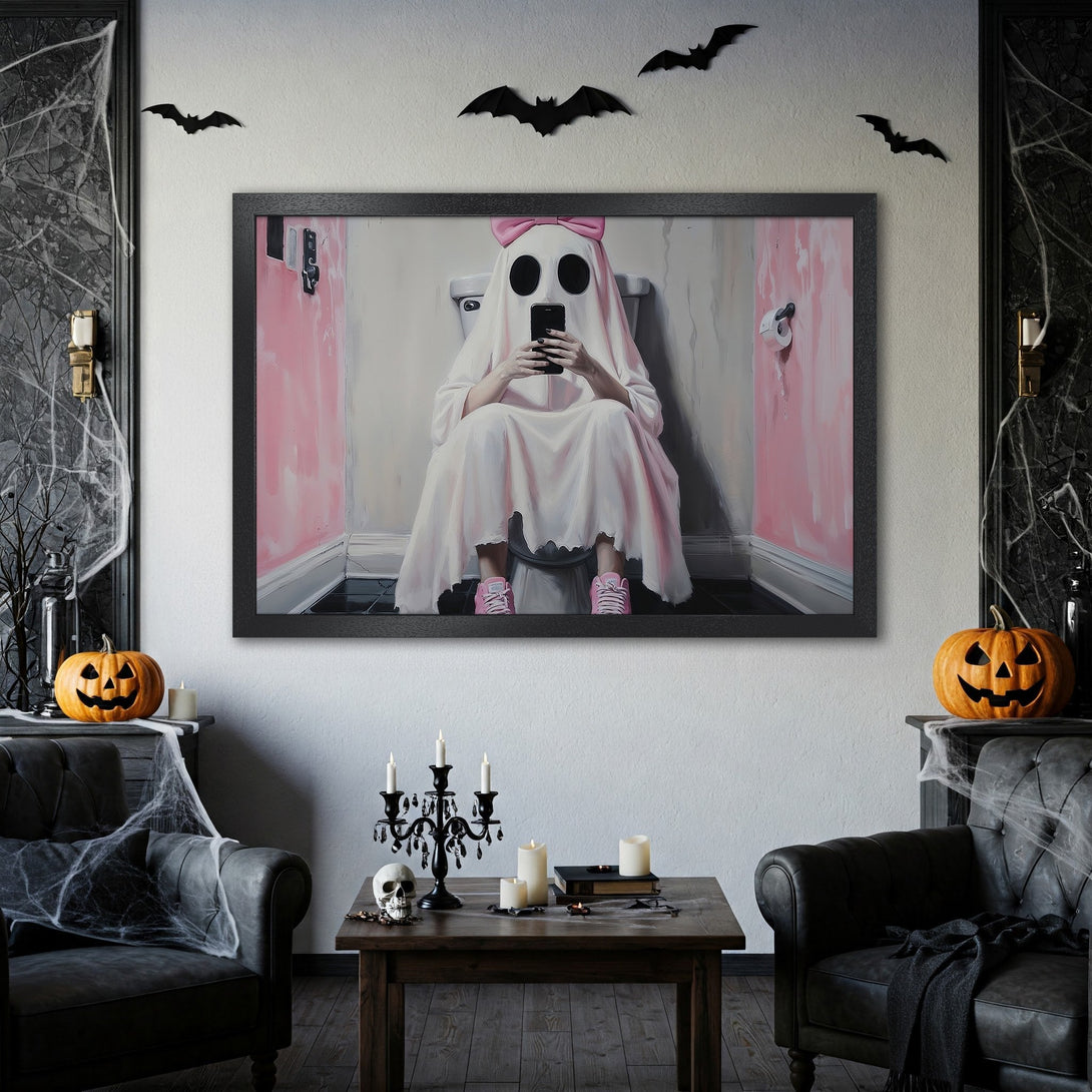 Framed Poster featuring a ghost on the toilet, modern illustration style. Pink and white color palette with Halloween decor. Perfect spooky wall art.