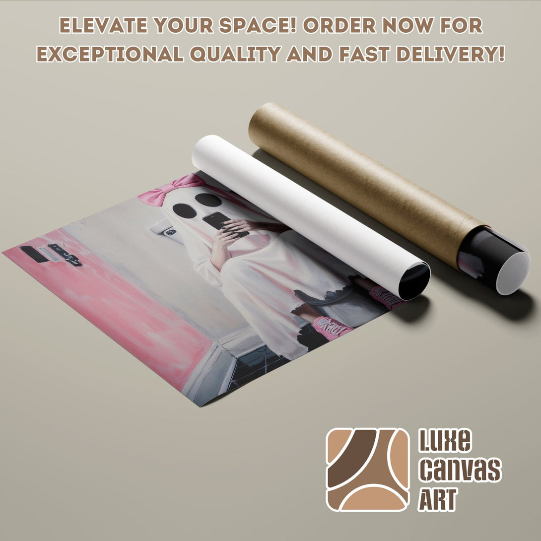 Poster Roll featuring a ghost in a bathroom, soft pastel colors. Elevate your space with art!