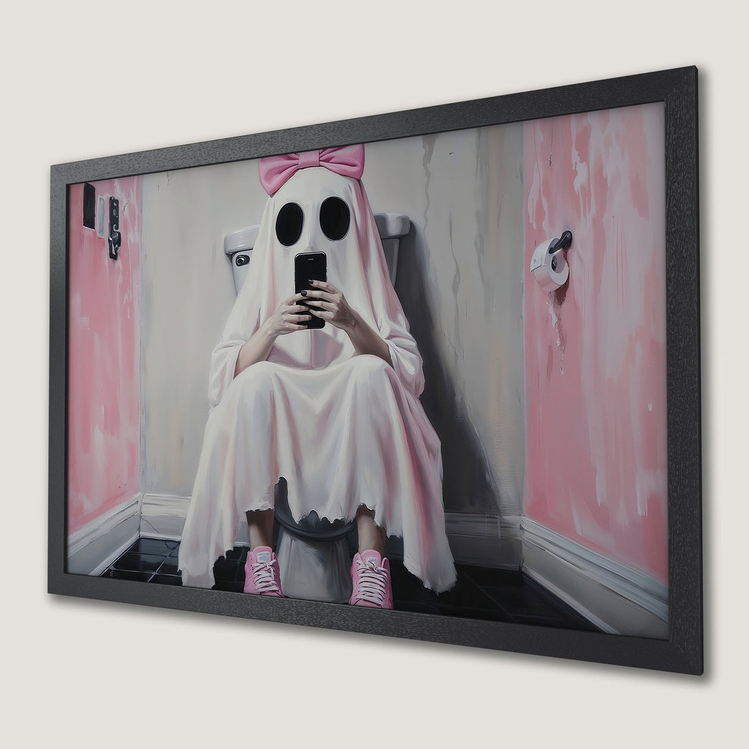 Framed Poster: Ghost on toilet, pop art style, pink & white color palette. Unique wall art for your home!