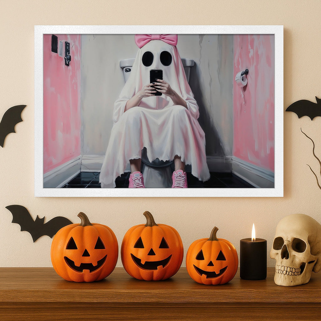 Framed Poster of a ghost on the toilet, modern art style, pink and white color palette, perfect for Halloween decor.