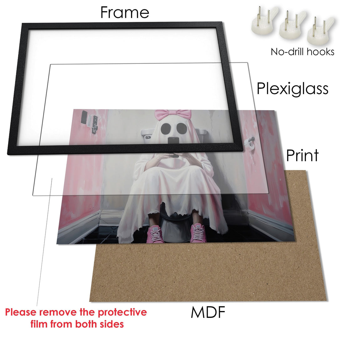 Framed Poster featuring a ghost in a bathroom, with a pink and black color palette. Unique wall art for your home!