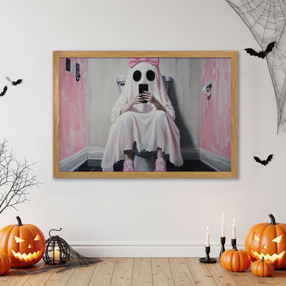 Framed Poster featuring a ghost on the toilet, humorous and spooky art in a pink and gray palette. Perfect Halloween decor!