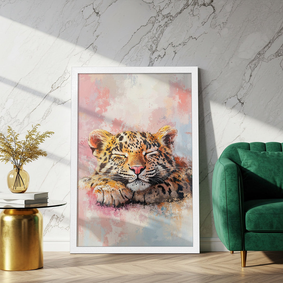 Framed Poster featuring a sleeping leopard in a colorful, painterly style with a warm, pastel color palette. Perfect wall art for your home!