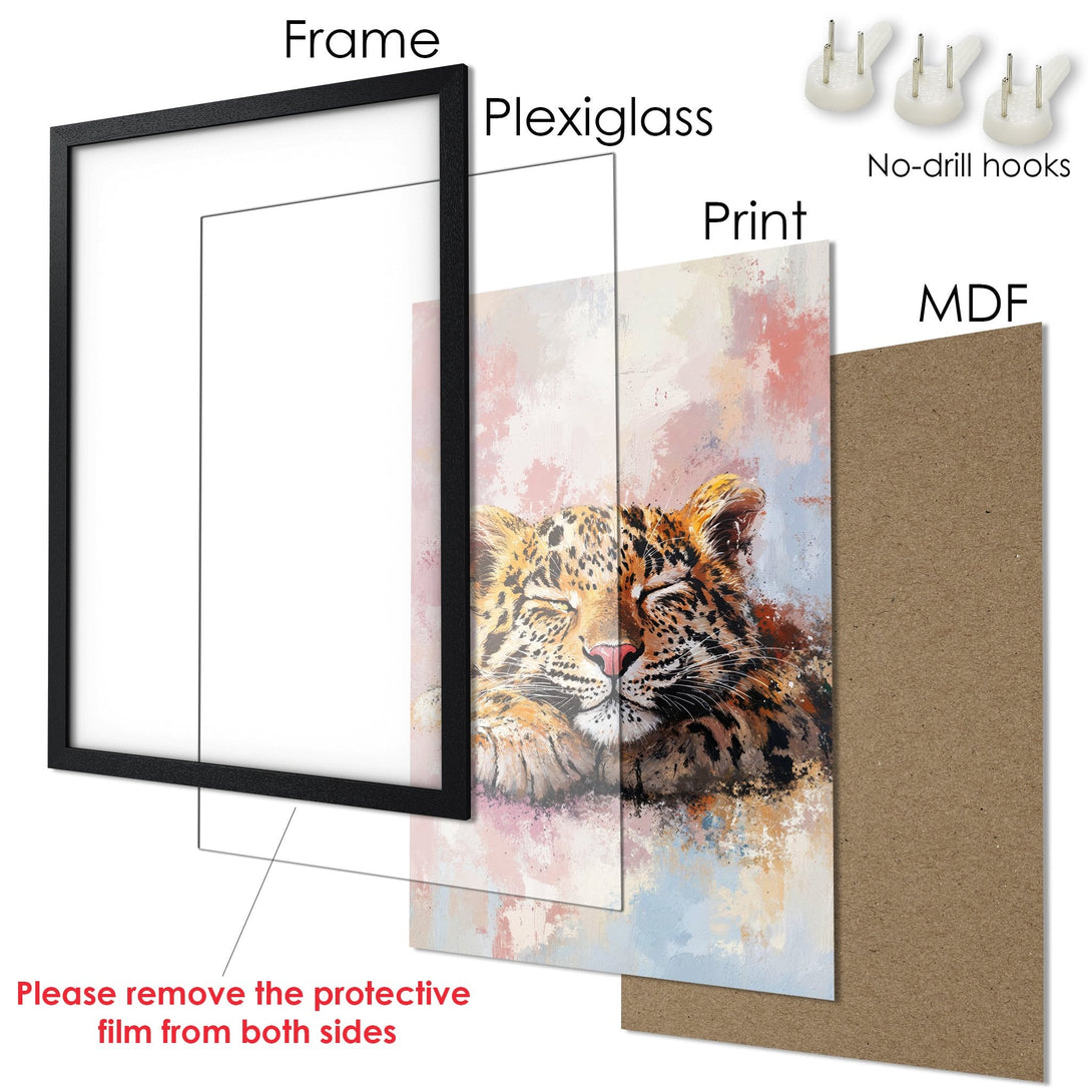 Framed Poster featuring a sleeping leopard in an artistic style with warm, earthy tones. Perfect wall art for any room!