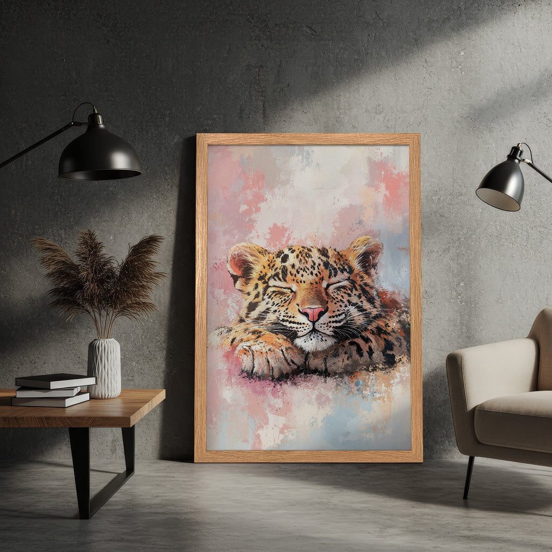 Framed Poster featuring a sleeping leopard in a painterly style with a soft pink and neutral color palette. Perfect wall art!