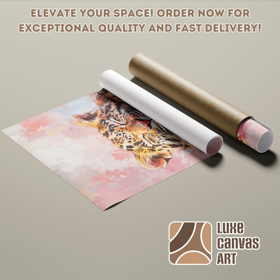 Leopard Poster Roll. Abstract art style with a pink, peach, and brown color palette. Order your art today!