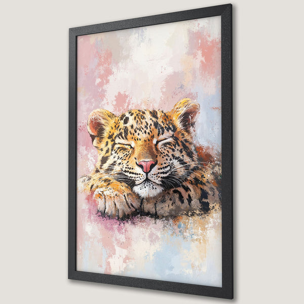 Framed Poster featuring a sleeping leopard cub in an abstract style with a warm, pastel color palette. Perfect art for any room!