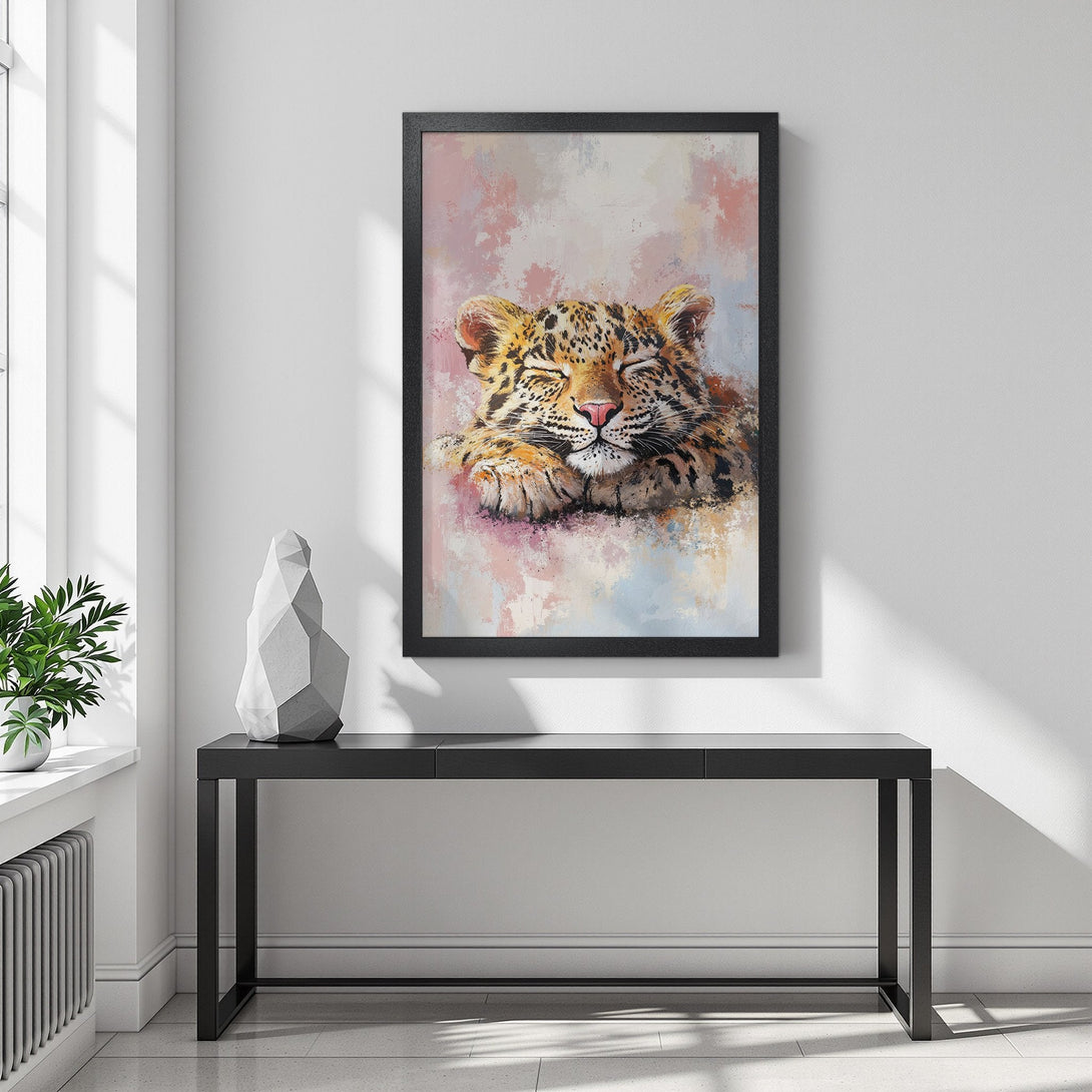Framed Poster of a sleeping leopard, impressionist style, warm color palette. Perfect wall art!