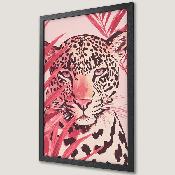 Framed Poster featuring a leopard illustration in a modern style with a pink and burgundy color palette. Add a touch of wild!