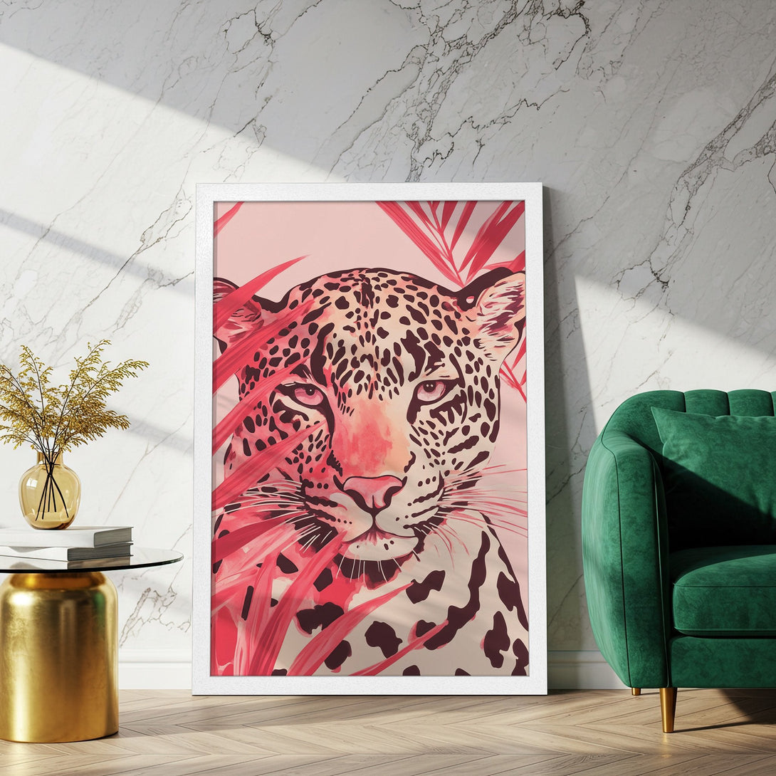 Framed Poster featuring a stylish leopard print in a pink and red color palette. Add a touch of wild elegance to your space!