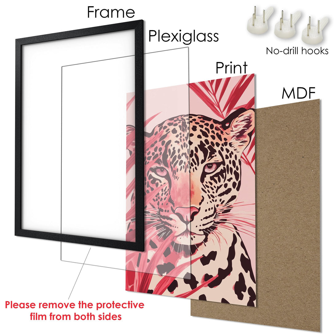 Framed Poster featuring a leopard in a modern style, with a pink and red color palette. Perfect wall art!