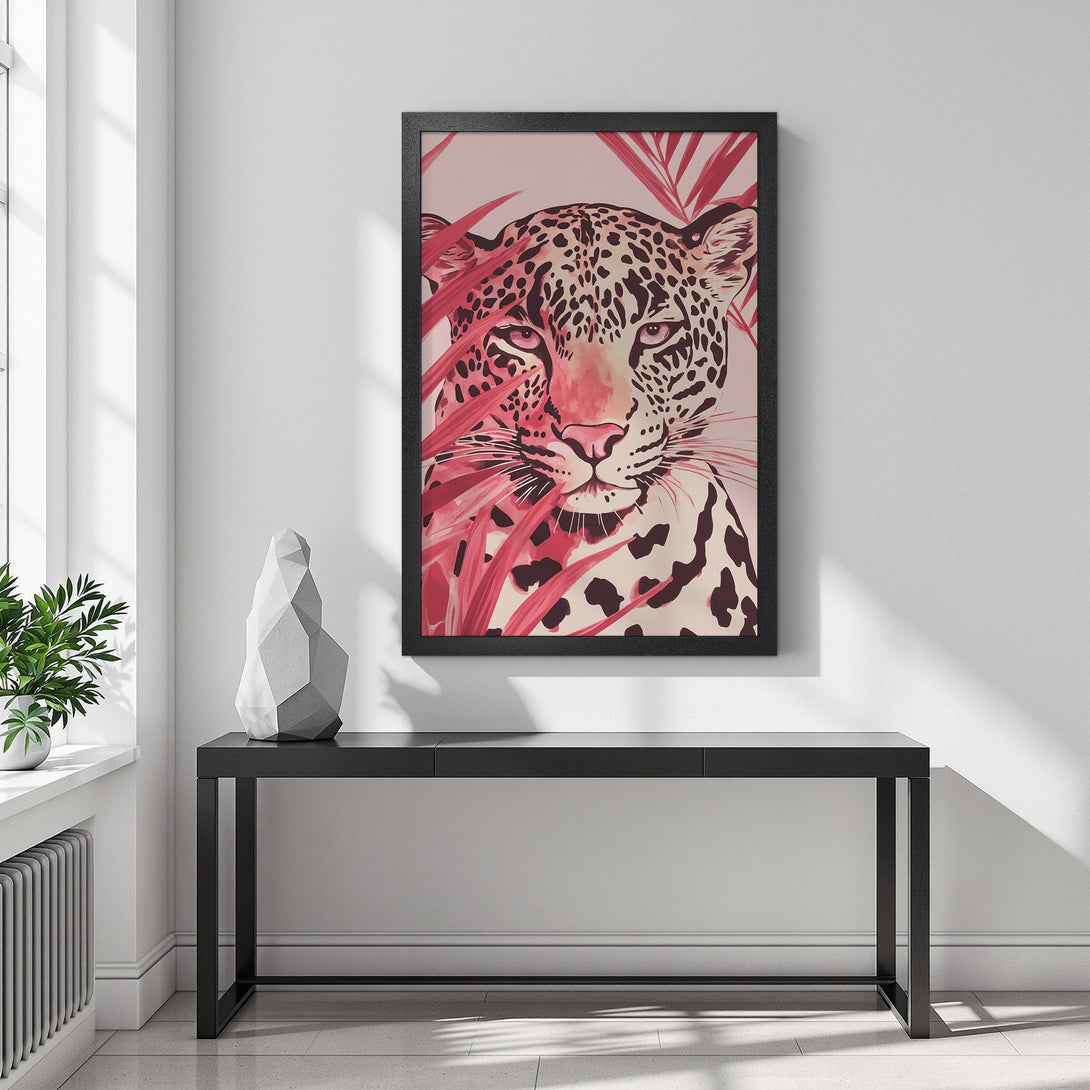 Framed Poster featuring a leopard illustration in a modern style, with a pink and neutral color palette. Add a touch of wild to your decor!