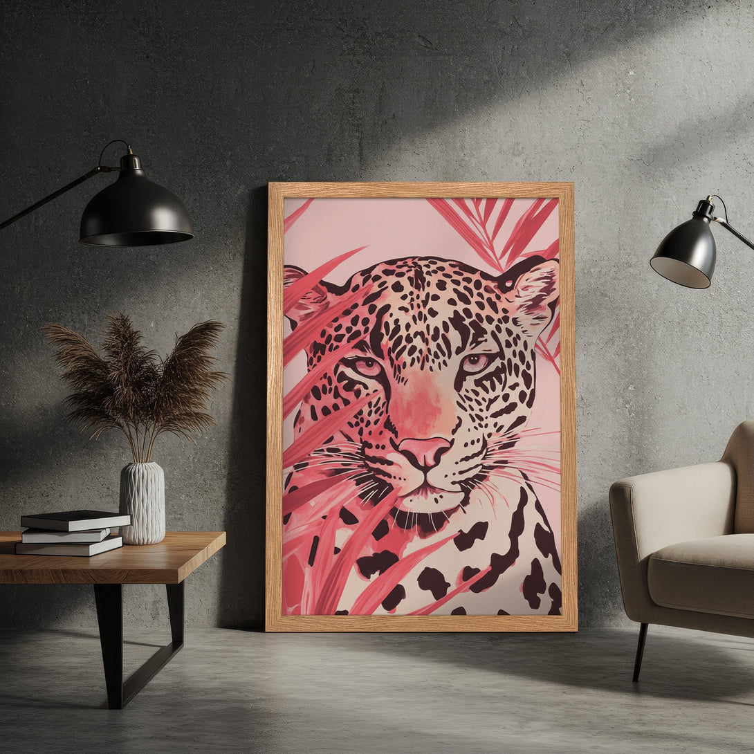 Framed Poster featuring a leopard illustration in a modern style with pink and neutral color palette. Perfect wall art for your home!
