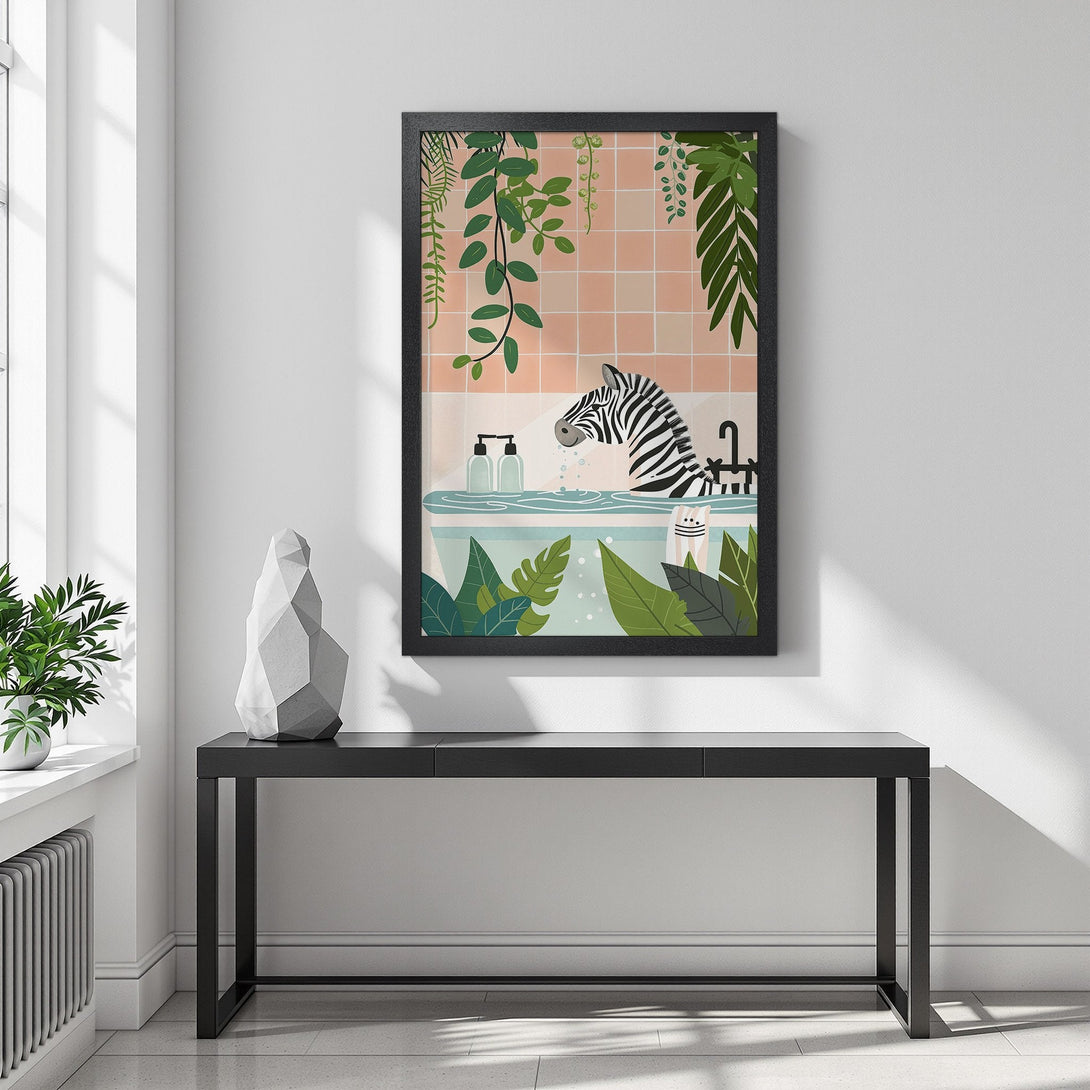 Framed Poster featuring a zebra in a bathtub, whimsical style, with a pink and green color palette. Perfect wall art for your home!