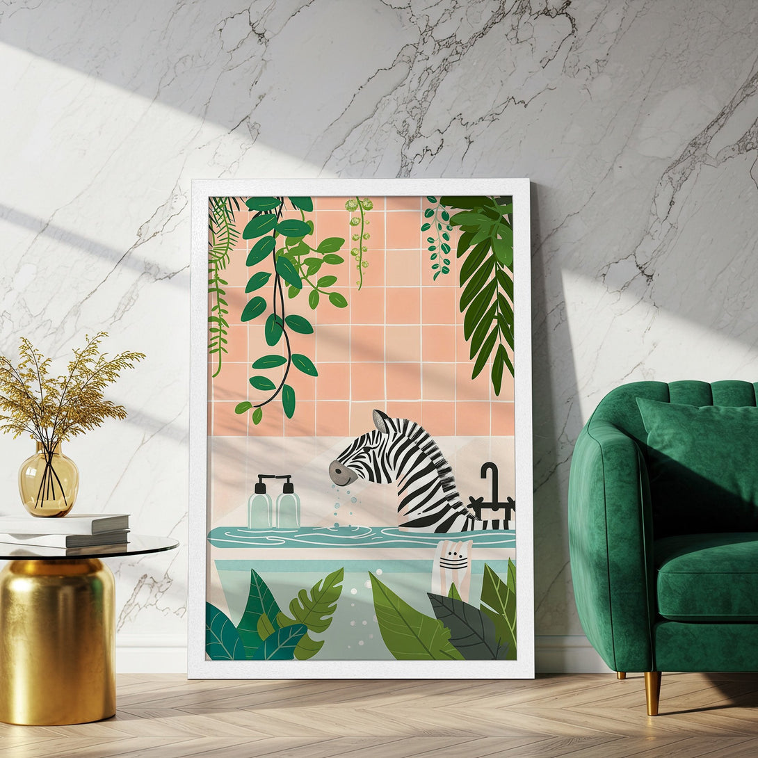Framed Poster featuring a zebra in a bathtub, playful illustration style. Green, pink, & white color palette. Perfect wall art for your home!