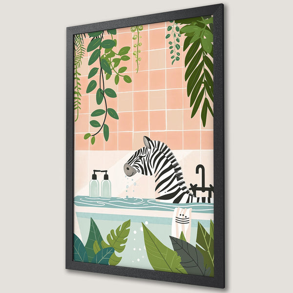 Framed Poster featuring a zebra in a bathtub, whimsical illustration with a green and pink color palette. Perfect wall art!