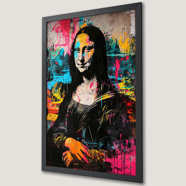 Framed Poster of Mona Lisa in vibrant, graffiti-style art with a colorful palette of pink, blue, yellow, and black. Modern wall art.