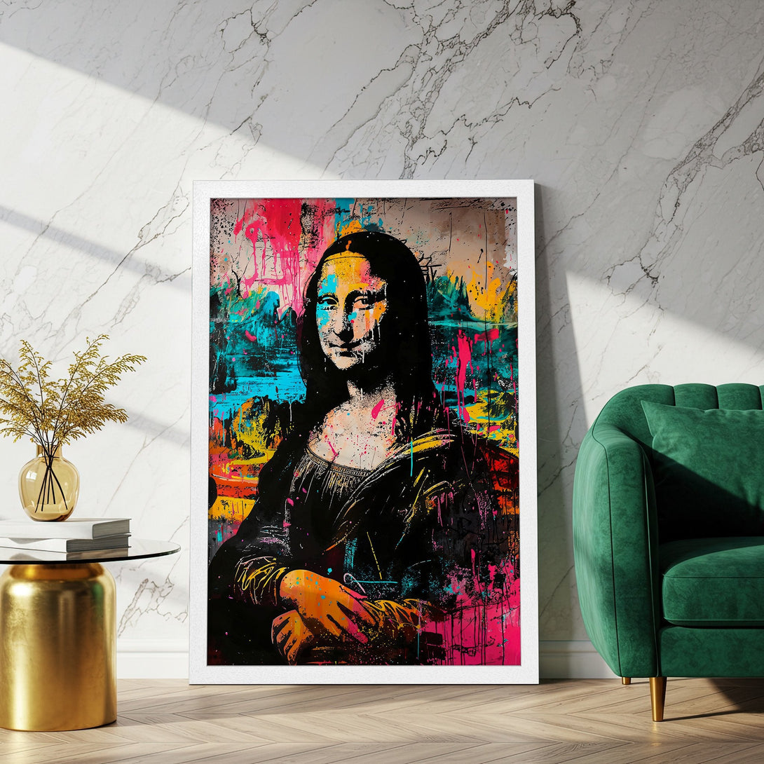 Framed Poster of Mona Lisa in vibrant graffiti style, featuring a colorful palette of pink, blue, and yellow. Perfect wall art!