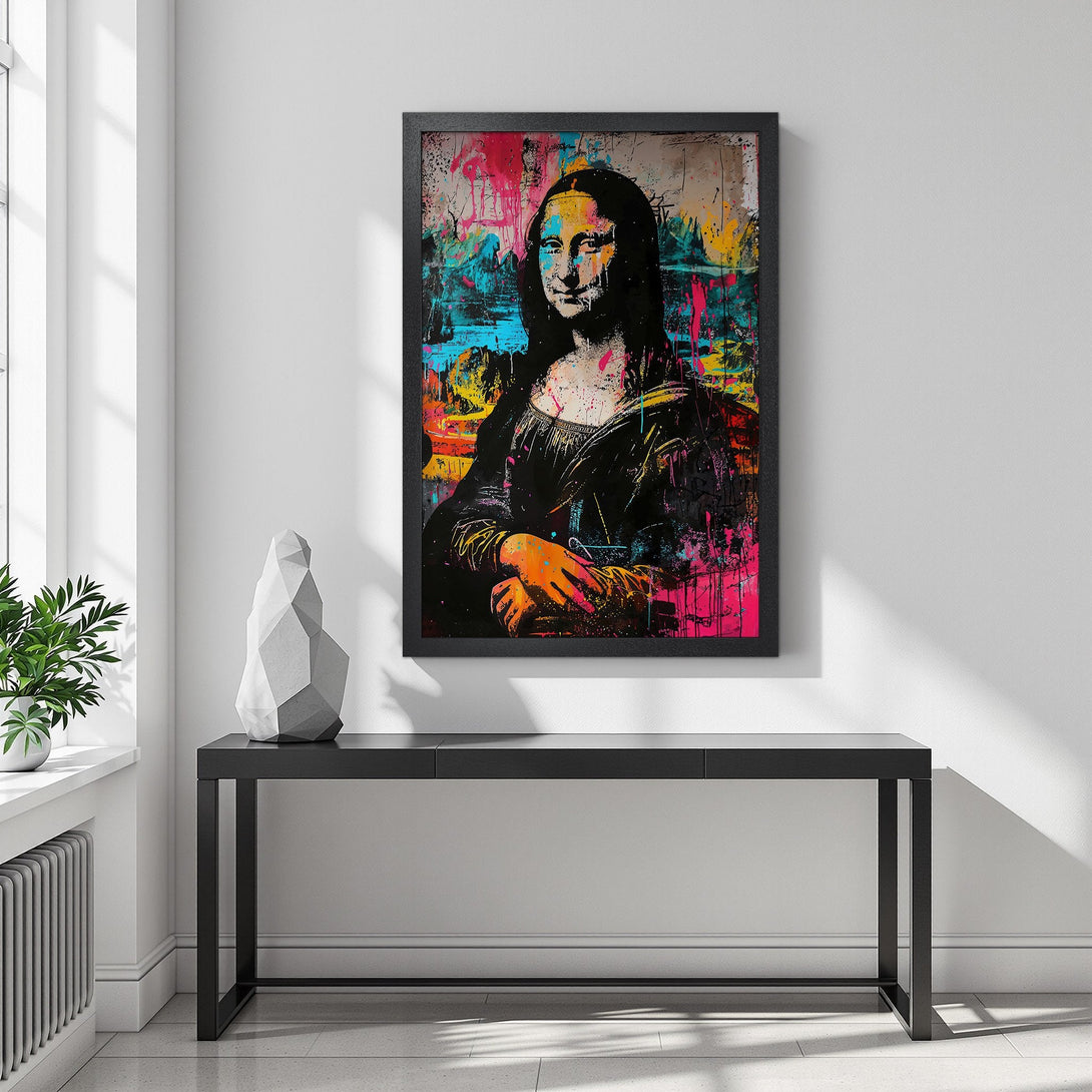 Framed Poster of Mona Lisa in vibrant pop art style with a colorful palette. Perfect wall art!