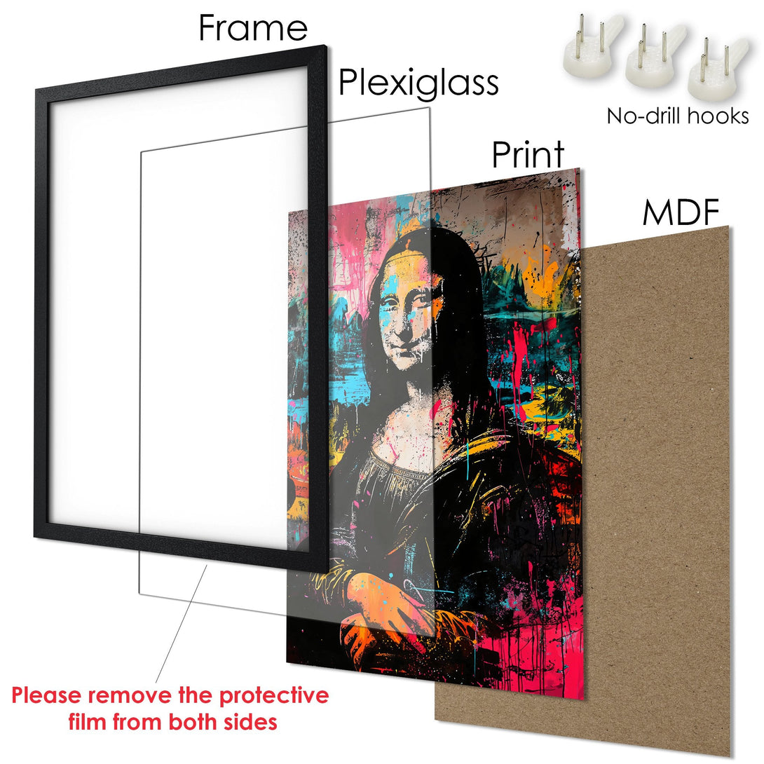Framed Poster featuring Mona Lisa in vibrant, colorful graffiti style. A bold art piece for any space.