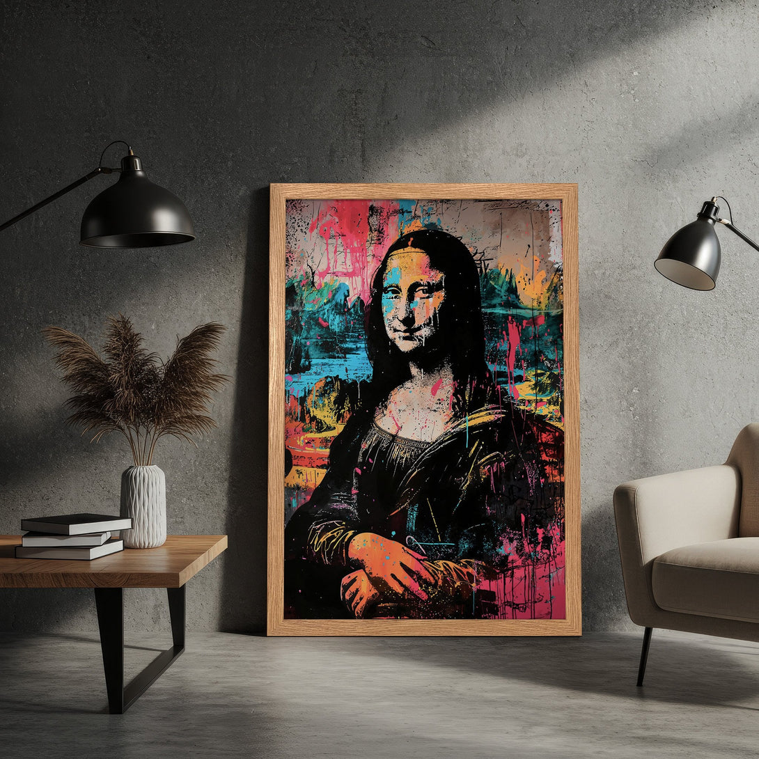 Framed Poster of Mona Lisa in a vibrant, graffiti art style with a colorful palette. Perfect wall art for any room.