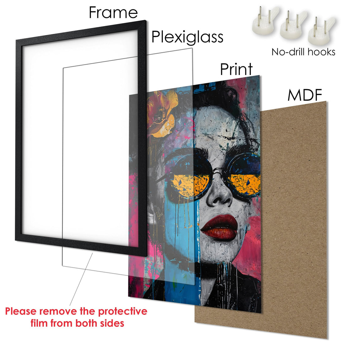 Framed Poster art print of a woman with sunglasses, abstract style, colorful palette. Ready to hang!