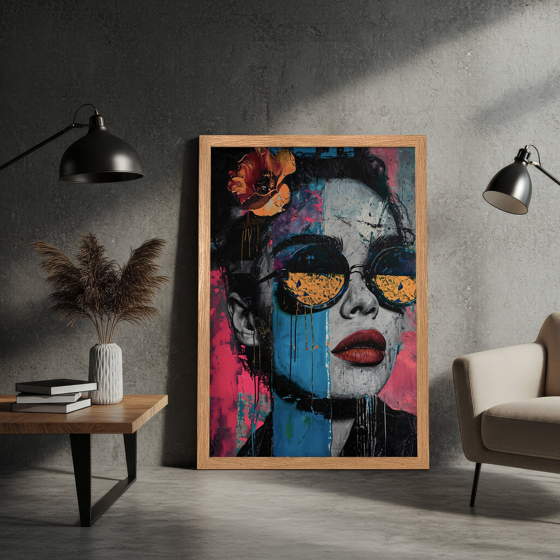Framed Poster featuring a stylish woman portrait in a vibrant, abstract style with pink, blue, and orange hues. Add a touch of art to your space!